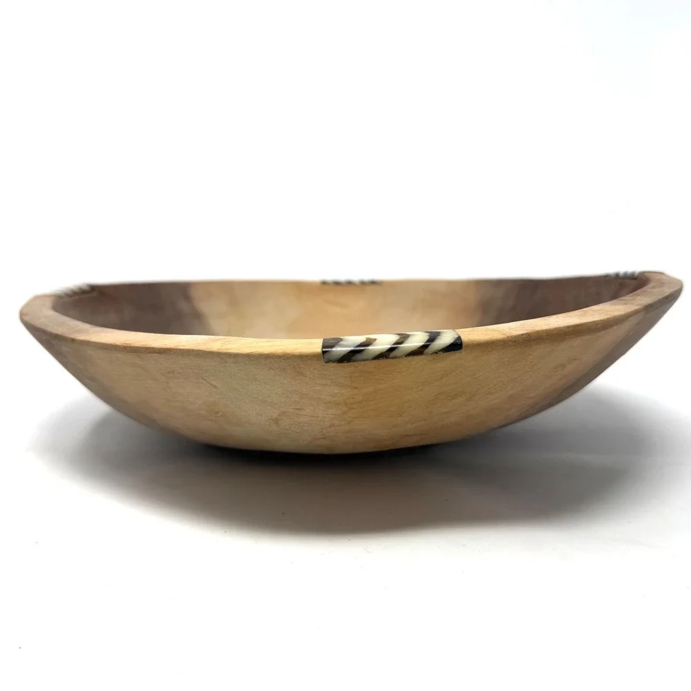 Hand Carved Wooden Bowl with Zebra Pattern Bone Inlay Tribal Boho Decor 11.5 x3